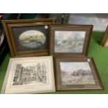 FOUR FRAMED PRINTS TO INCLUDE A CURLEW, COUNTRY BARNS AND PARISH CHURCH, WIGAN