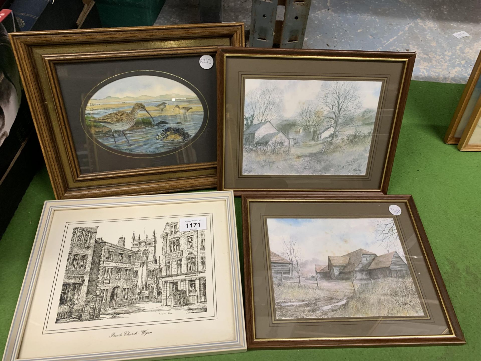 FOUR FRAMED PRINTS TO INCLUDE A CURLEW, COUNTRY BARNS AND PARISH CHURCH, WIGAN