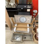 AN ASSORTMENT OF ITEMS TO INCLUDE TRAYS, A SHELVING UNIT AND A CLOCK ETC