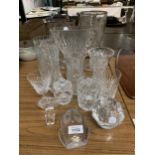A QUANTITY OF GLASSWARE TO INCLUDE CUT GLASS VASES, LIDDED POTS, A SWEDISH TEALIGHT HOLDER, OWL