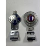 TWO VINTAGE RAC BUMPER BADGES WITH CLIPS