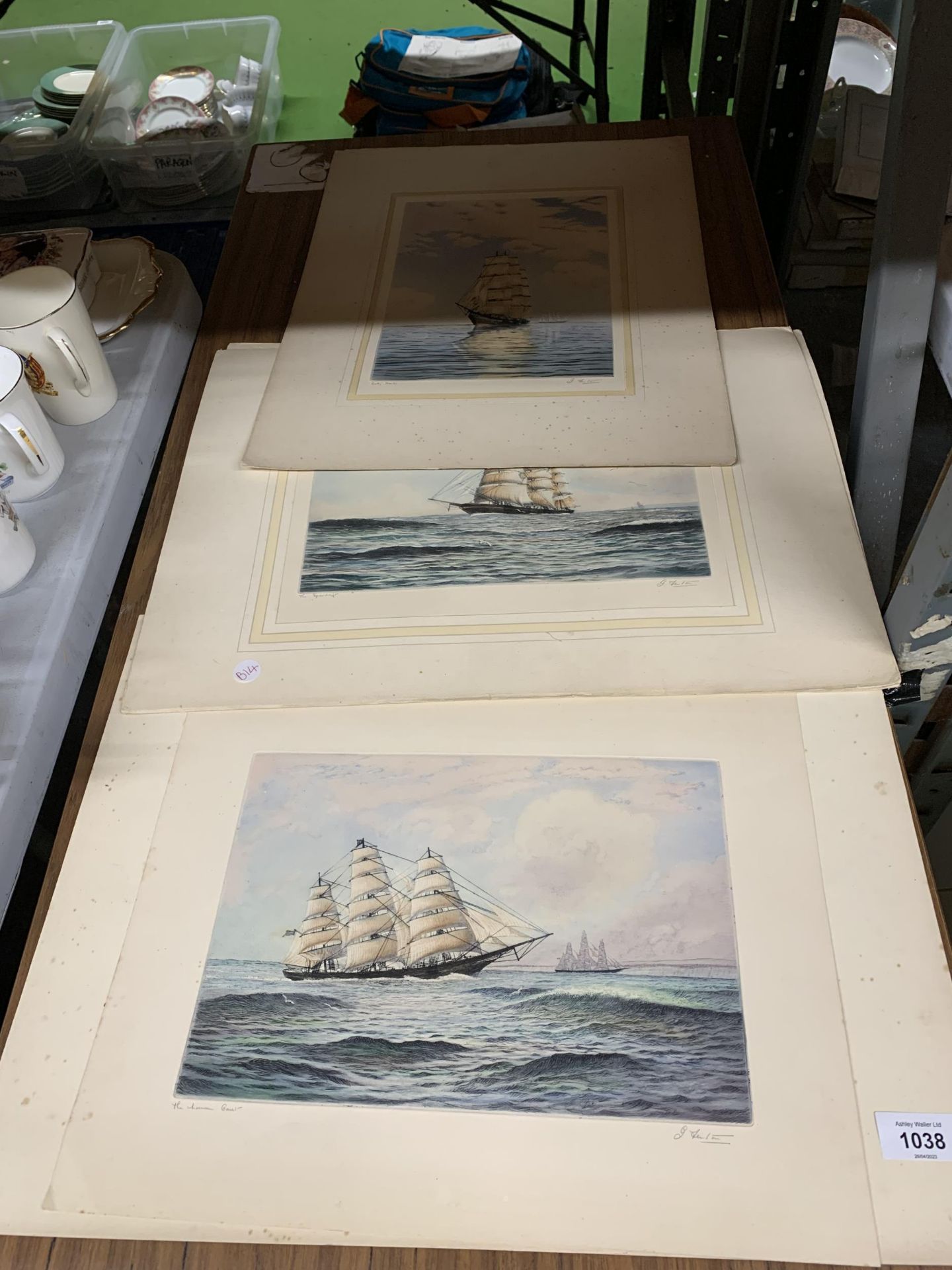 A GROUP OF THREE PENCIL SIGNED ENGRAVINGS OF NAVAL BOATS TO INCLUDE THE CUTTY SARK ETC