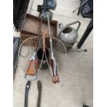 AN ASSORTMENT OF ITEMS TO INCLUDE OIL JUGS, A GALVANISED WATERING CAN AND TWO STICK SEATS ETC