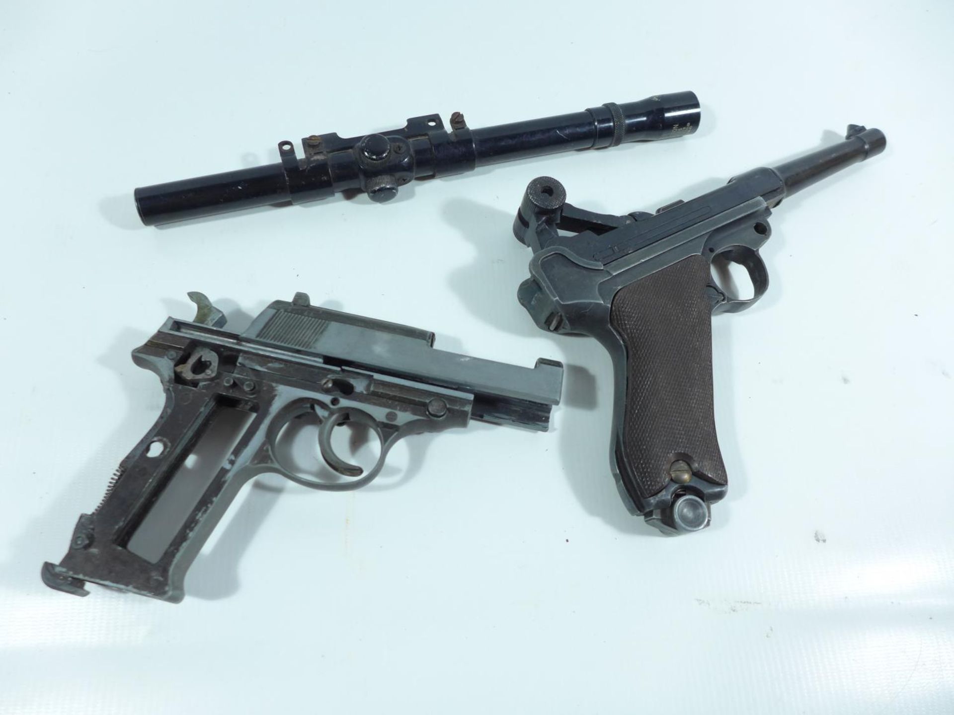 A REPLICA 9MM NON-FIRING LUGER AND PART OF A P38 (A/F) AND A BOKSON 4X15 TELESCOPIC SIGHT (3) - Image 2 of 4