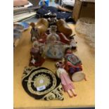 A COLLECTION OF VINTAGE DOLLS IN TRADITIONAL COSTUME PLUS TWO LARGE PAIRS OF WOODEN CLOGS