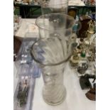 THREE LARGE CLEAR GLASS VASES TO INCLUDE TWIST DESIGN EXAMPLE