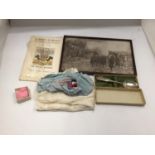A COLLECTION OF WORLD WAR I EPHEMERA, FRAMED PICTURE OF BRITISH SOLDIERS, TWO SILK HANDKERCHIEFS,