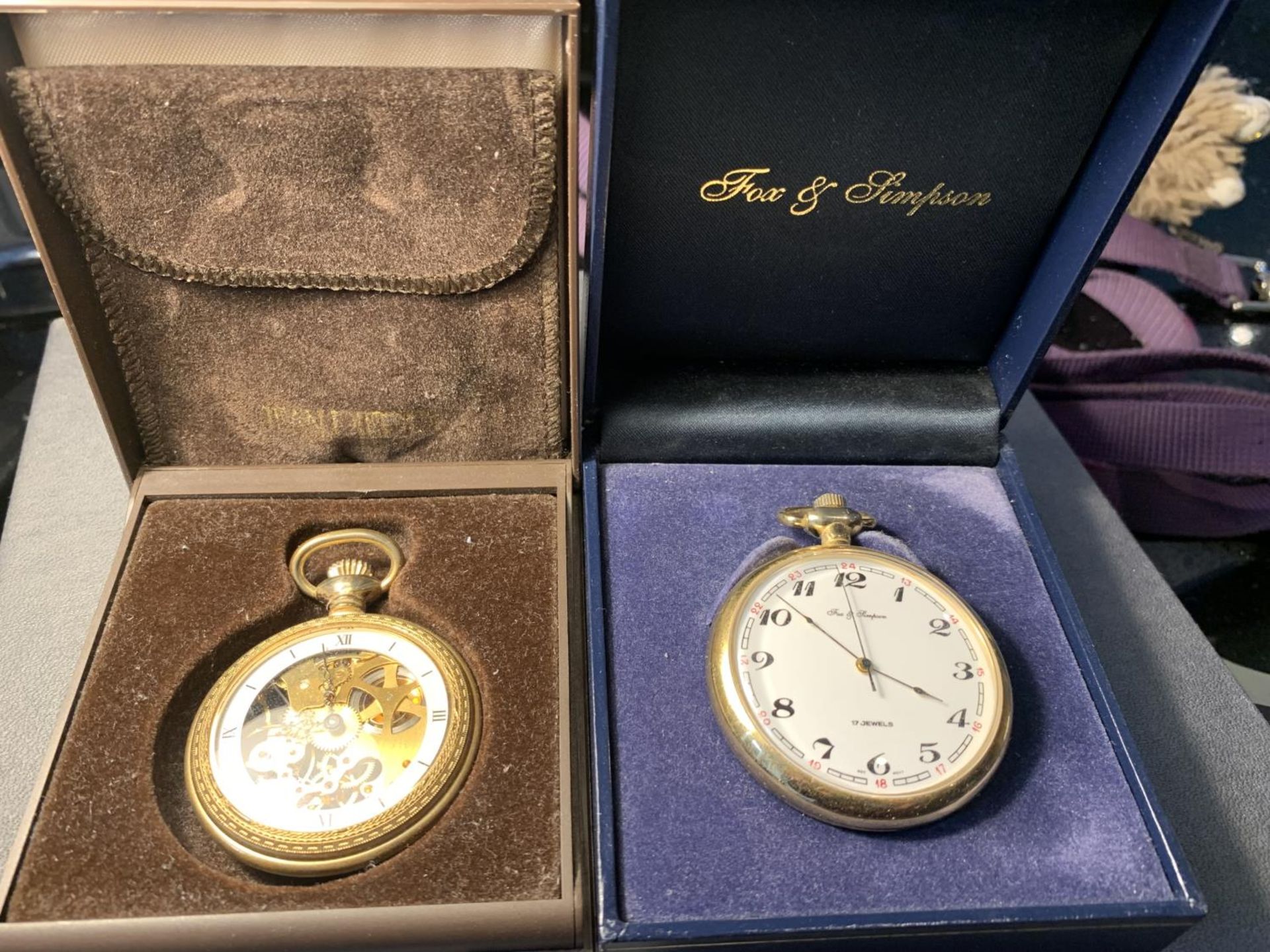 TWO POCKET WATCHES ONE FOX AND SIMPSON AND ONE JEAN PIERRE IN PRESENTATION BOXES SEEN WORKING BUT NO
