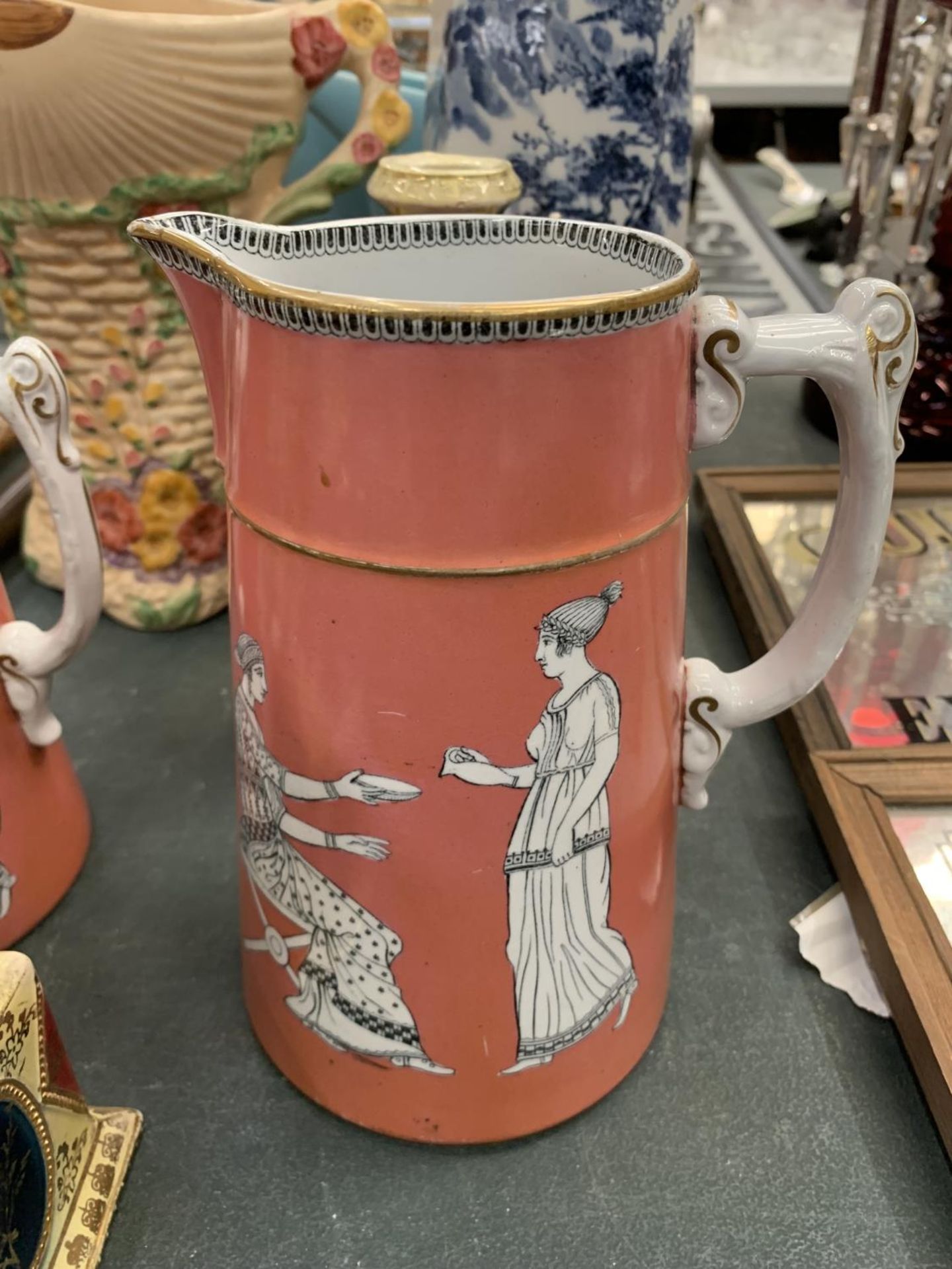 A QUANTITY OF VINTAGE VASES AND JUGS TO INCLUDE TWO VICTORIAN IN PINK WITH CLASSICAL DESIGN, - Image 6 of 7