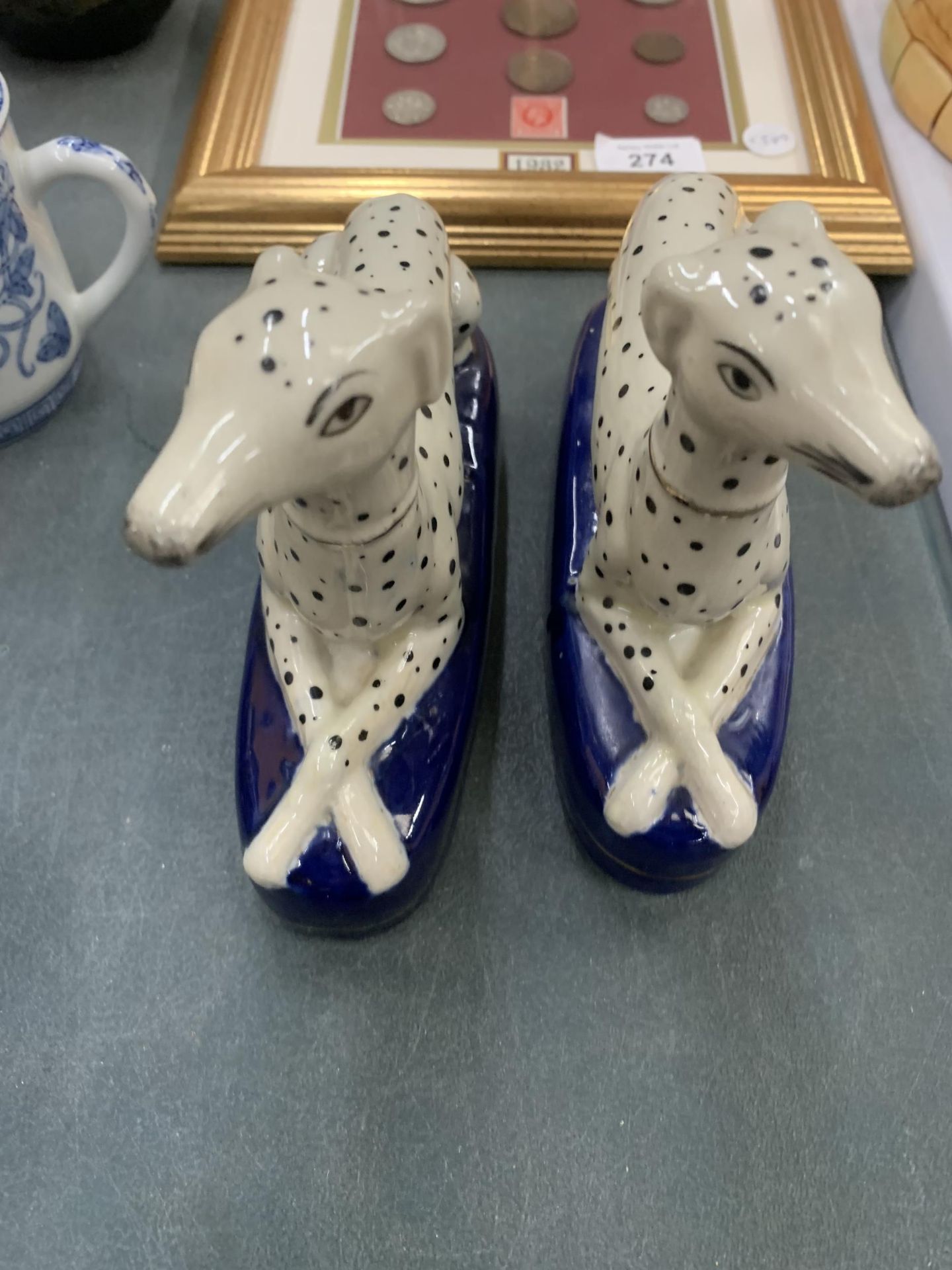 A PAIR OF STAFFORDSHIRE DALMATIONS AND A FRAIMED 1982 COIN SET - Image 2 of 3