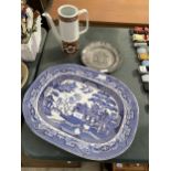 A LARGE BLUE AND WHITE MEAT PLATE, A HEAVY METAL PLAQUE AND A COFFEE POT