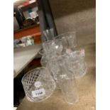 A QUANTITY OF GLASSWARE TO INCLUDE VINEGAR BOTTLE WITH STOPPER, BOWL, VASES, ETC.,