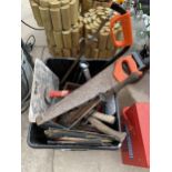 AN ASSORTMENT OF TOOLS TO INCLUDE AXES, SAWS AND FILES ETC