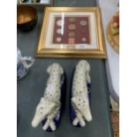 A PAIR OF STAFFORDSHIRE DALMATIONS AND A FRAIMED 1982 COIN SET