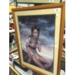 A FRAMED PRINT OF A SCANTILLY DRESSED LADY