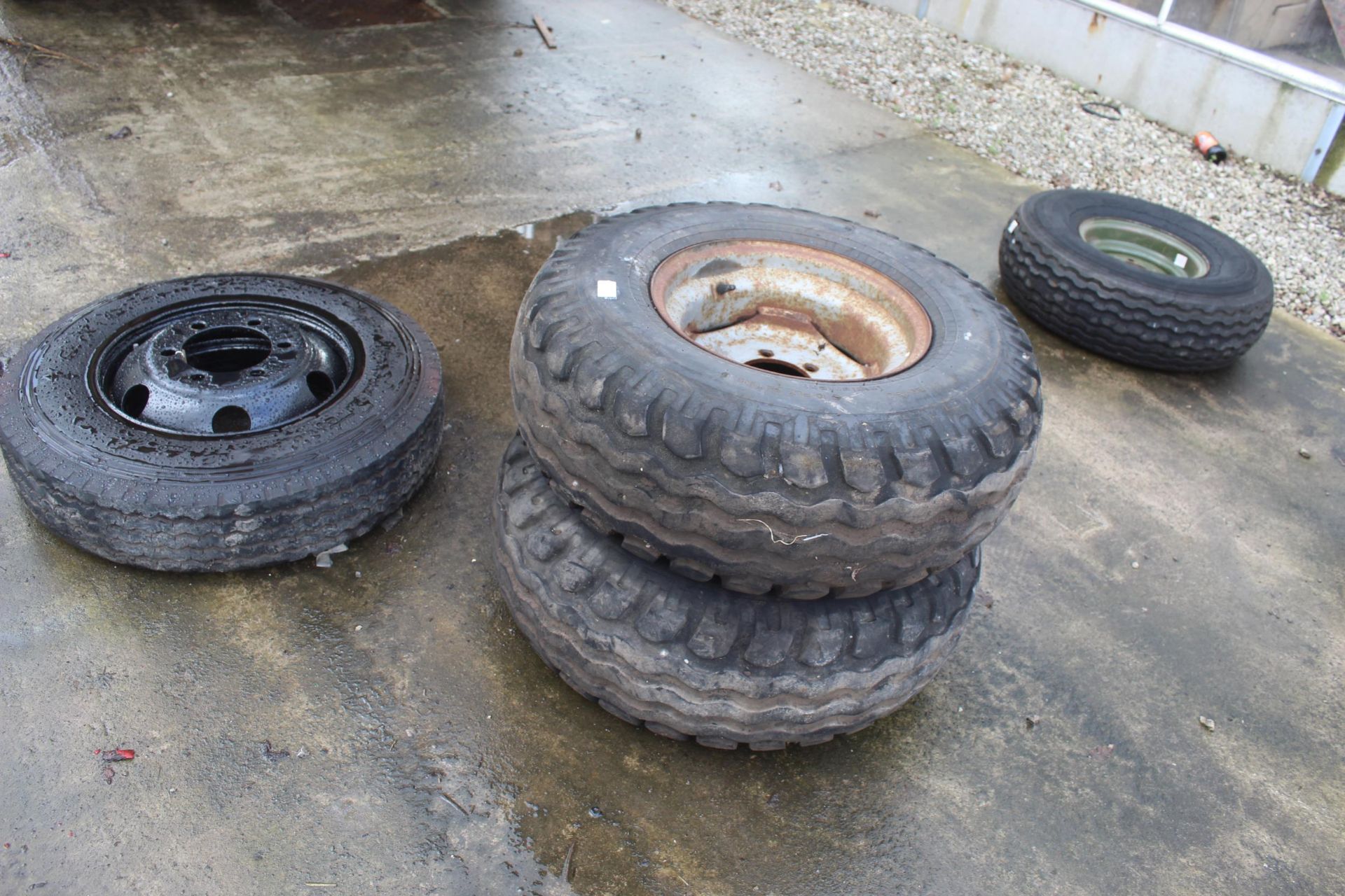 4 WHEELS AND TYRES 2 X 11.5 5/80-15.3, 1 X 3.5R 17.5, 1 X 900-13 NO VAT