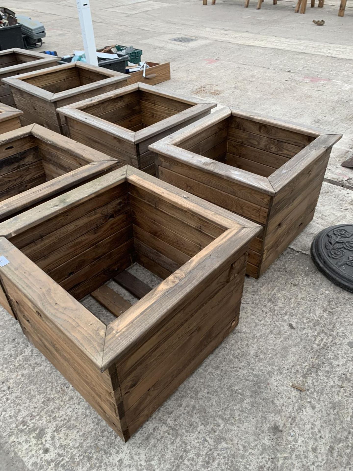 TWO LARGE SQUARE WOODEN PLANTERS HEIGHT 46CM, WIDTH 57CM, DEPTH 57CM - NO VAT - Image 2 of 3