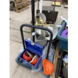 AN ASSORTMENT OF HOUSEHOLD CLEARANCE ITEMS TO INCLUDE LAMPS AND STORAGE TINS ETC