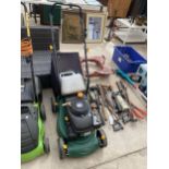 A PETROL LAWN MOWER COMPLETE WITH GRASS BOX AND A FUEL CAN