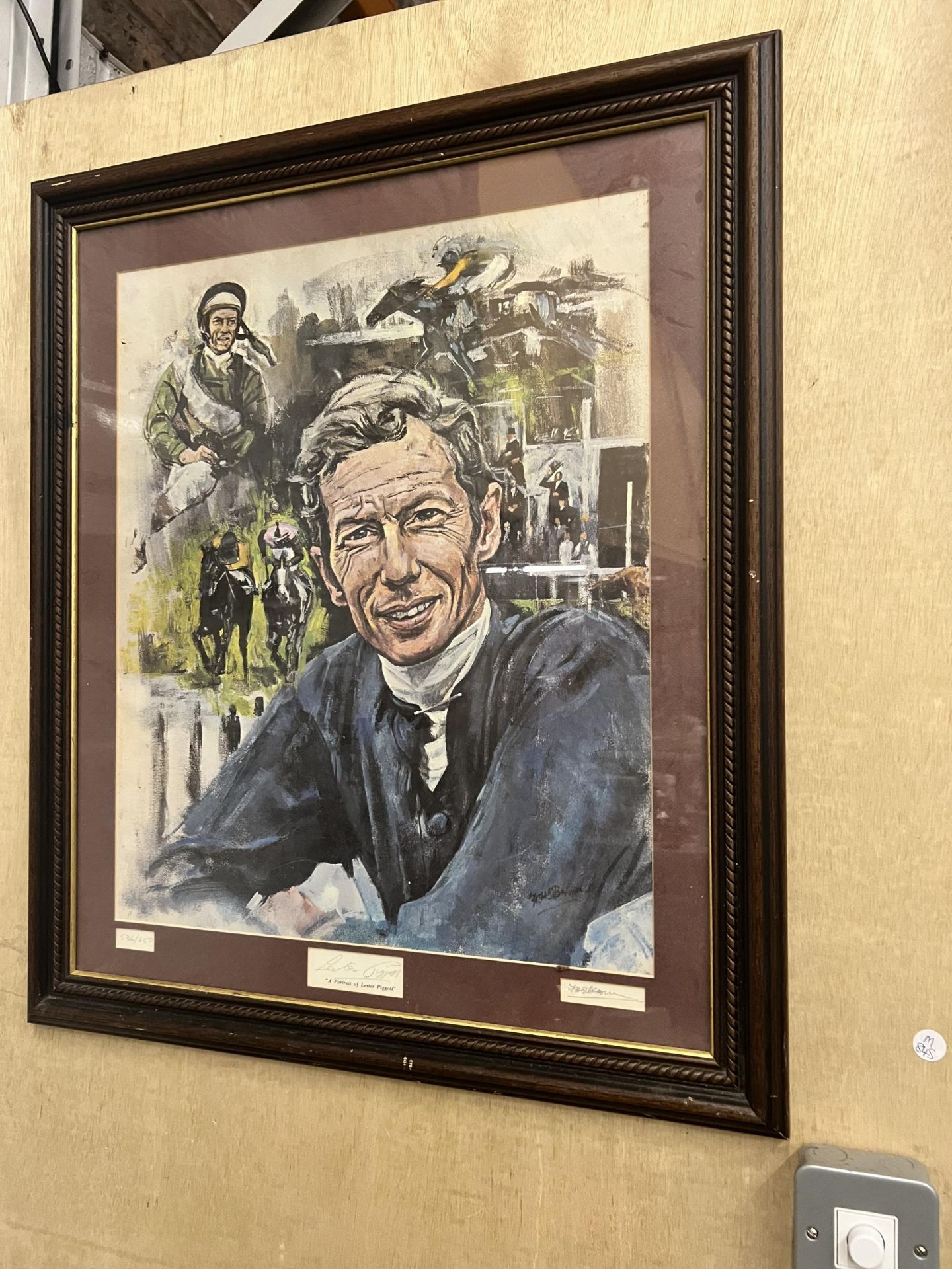 A RARE LIMITED EDITION 563/650 PRINT OF A YOUNG LESTER PIGGOT SIGNED BY THE JOCKEY AND ARTIST