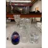 A QUANTITY OF GLASSES TO INCLUDE WINE, TUMBLERS, A PAPERWEIGHT, A CAT, ETC