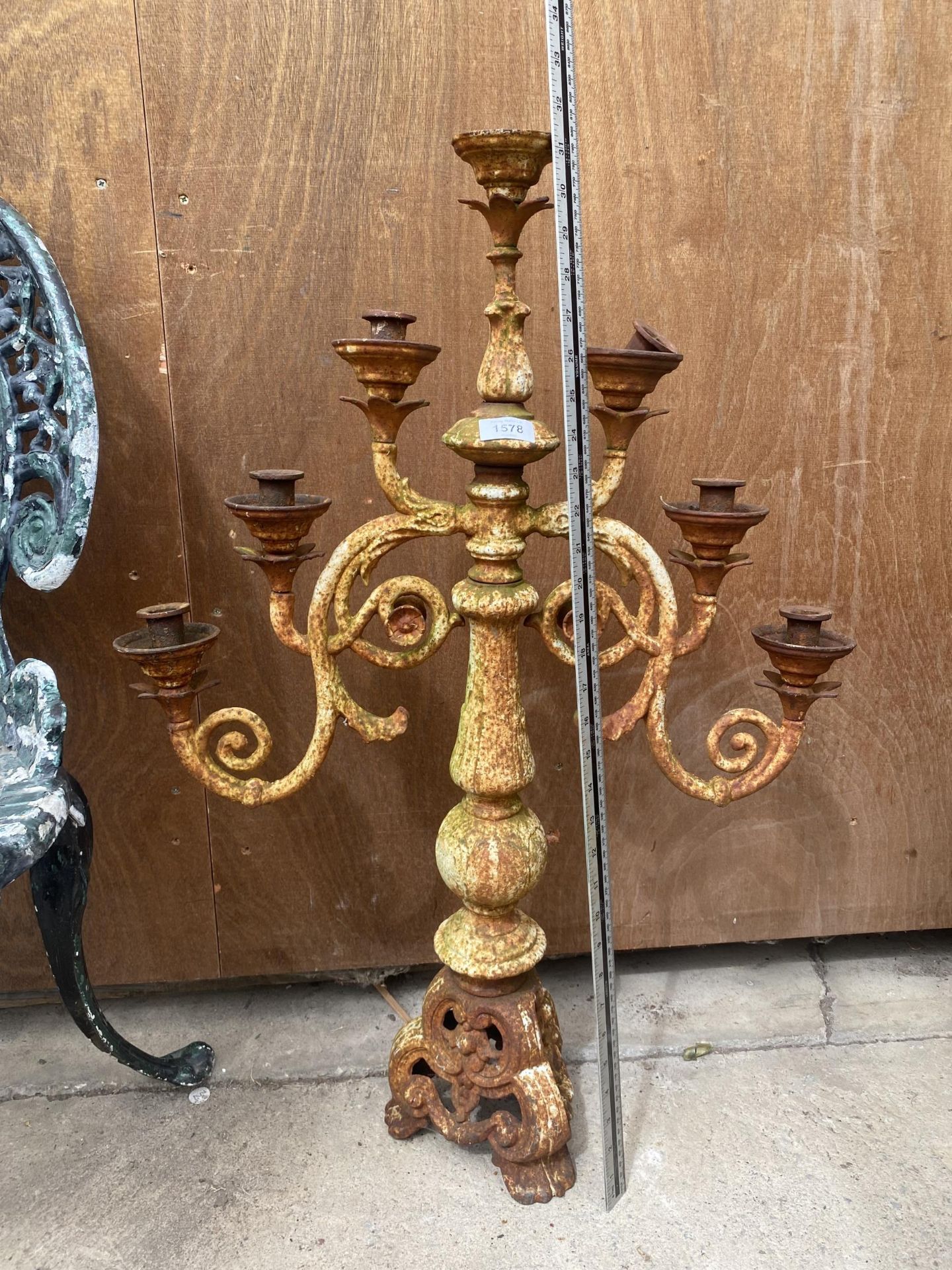 A VINTAGE SIX BRANCH CAST IRON CANDELABRA - Image 2 of 2