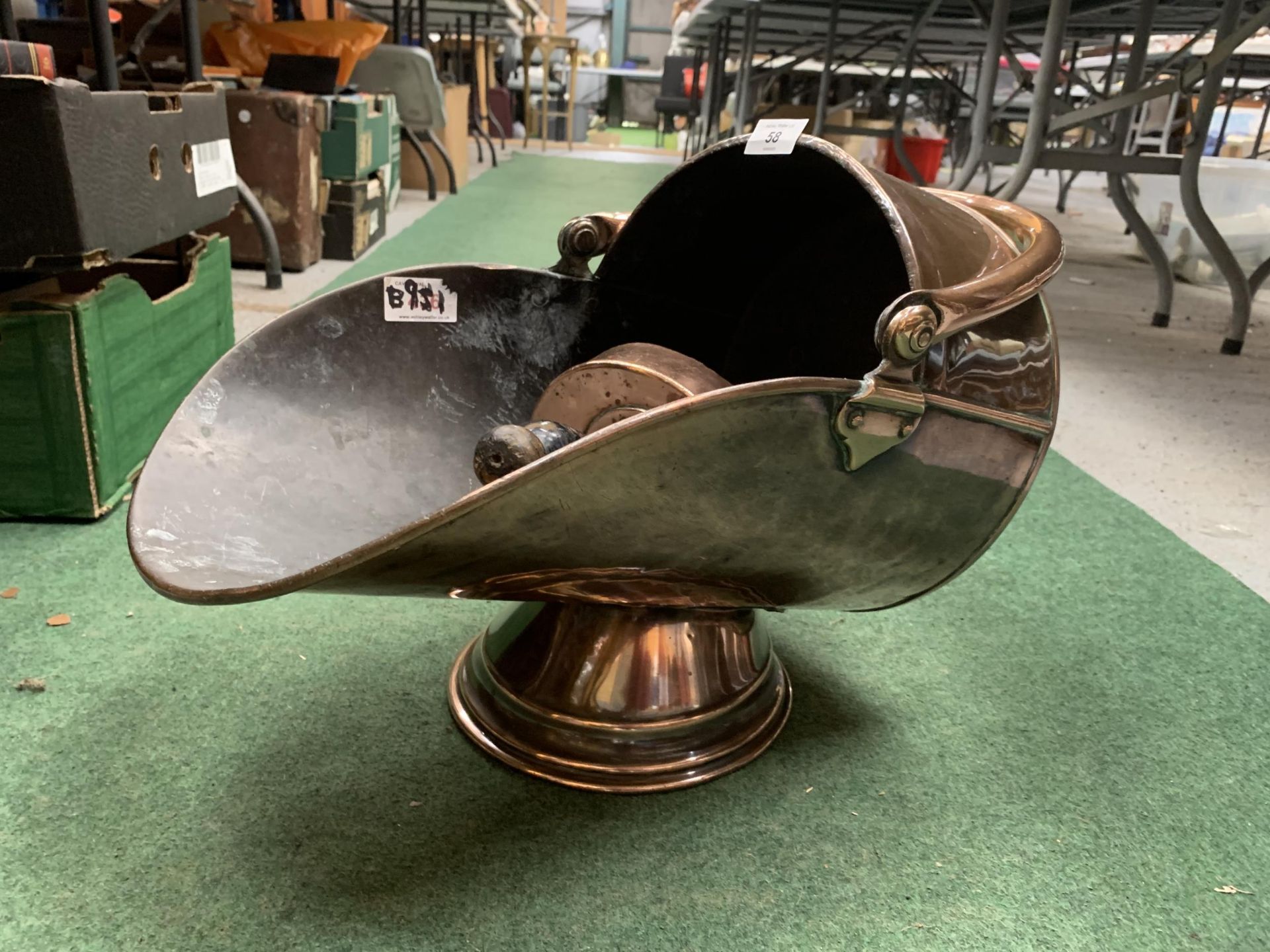 A VINTAGE COPPER COAL BUCKET AND SCOOP