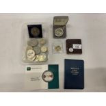 A QUANTITY OF COMMEMORATIVE CROWNS, ONE ON A CHAIN, PLUS TWO POUND COINS AND BRITAIN'S FIRST DECIMAL