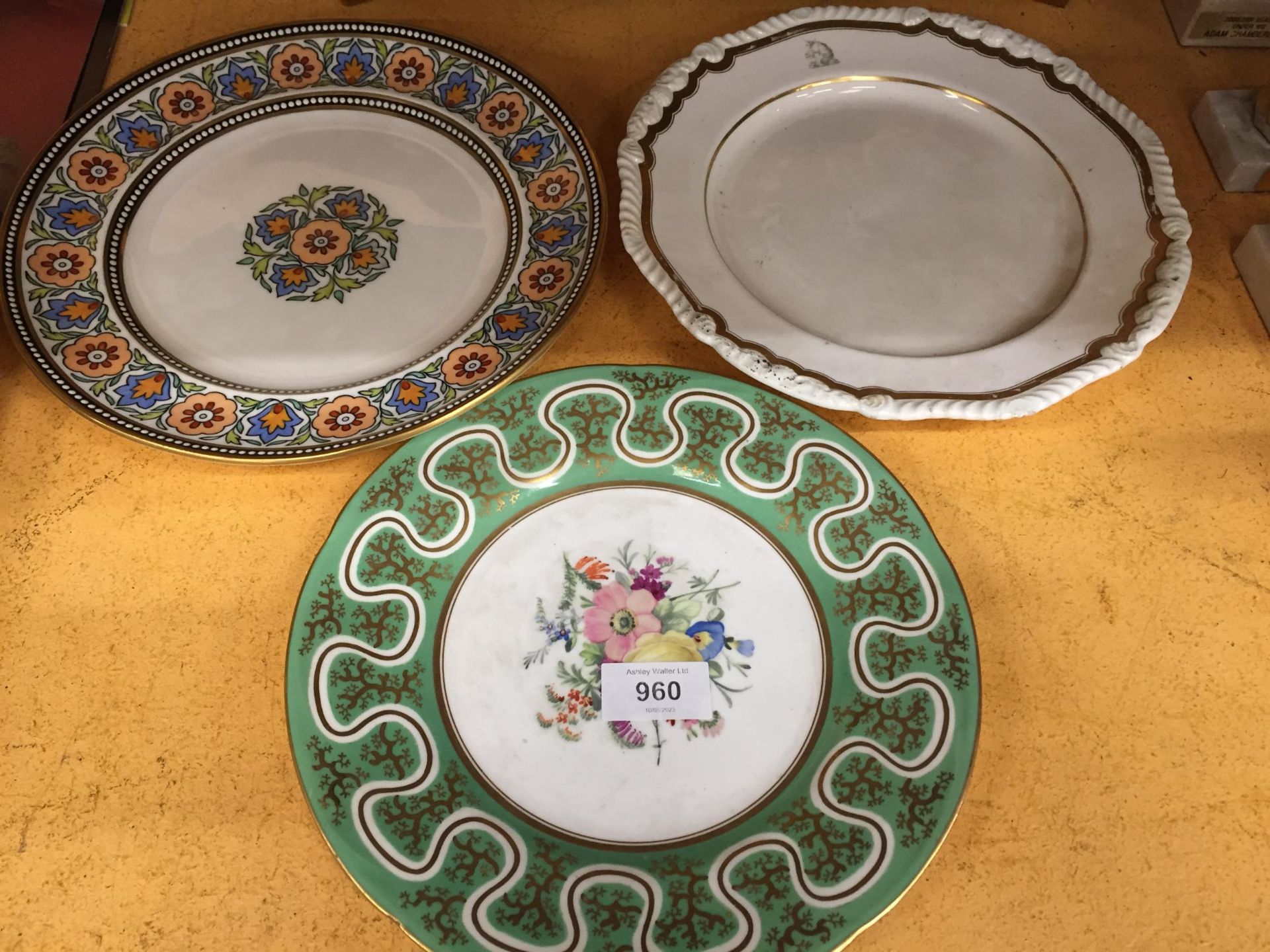 THREE CERAMIC CABINET PLATES - VICTORIAN C.1860 RIDGEWAY, COALPORT C.1875 AND ROCKINGHAM C.1830