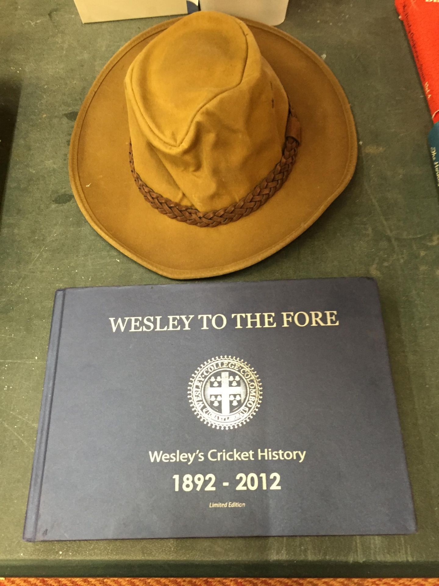 A WESLEY CRICKET BOOK AND HAT