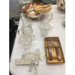 A MIXED LOT TO INCLUDE GLASSWARE, A SHOE STRETCHER, BOTTLE OPENER, ETC