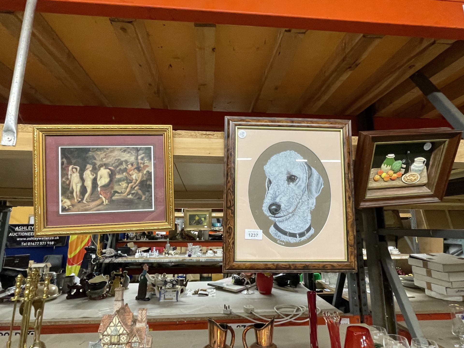 A GROUP OF THREE FRAMED PICTURES - CLASSICAL PRINT, ROSE DOG PORTRAIT AND STILL LIFE