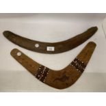 TWO VINTAGE BOOMERANGS ONE WITH DECORATION