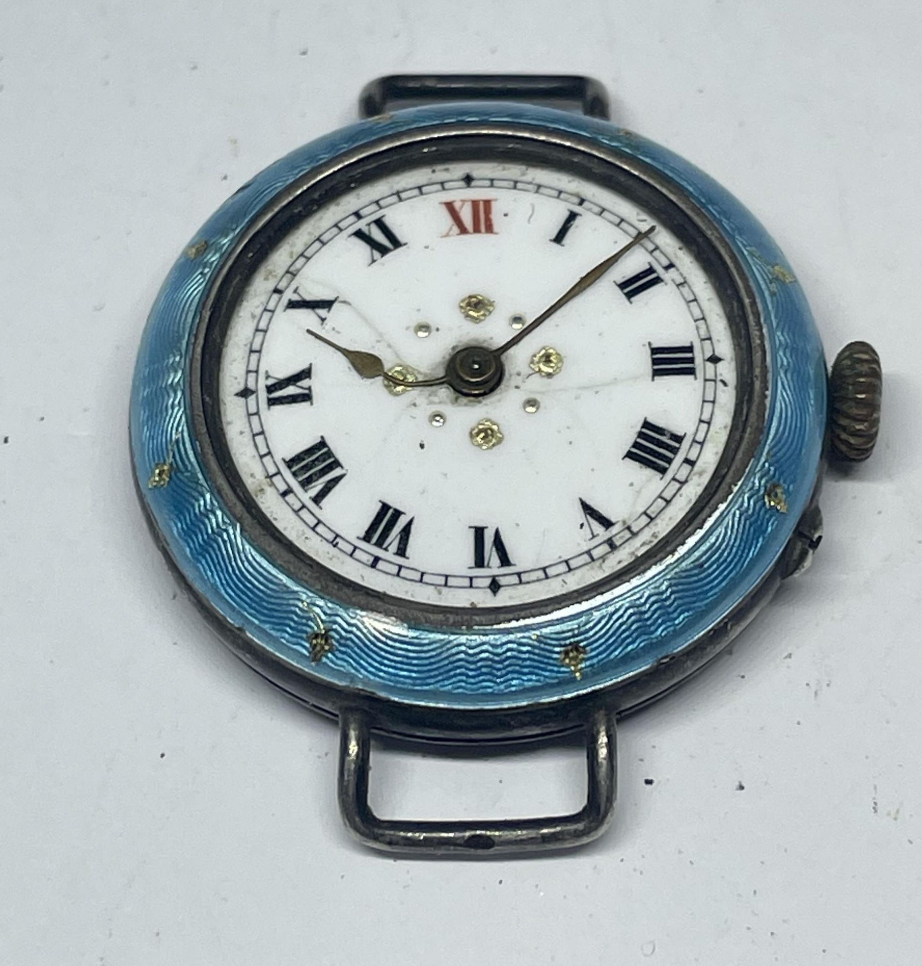 A .925 SILVER & ENAMEL TRENCH STYLE WRIST WATCH A/F FACE AND NO GLASS