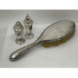 THREE HALLMARKED SILVER ITEMS, SILVER BACKED BRUSH AND SALT & PEPPER SHAKERS