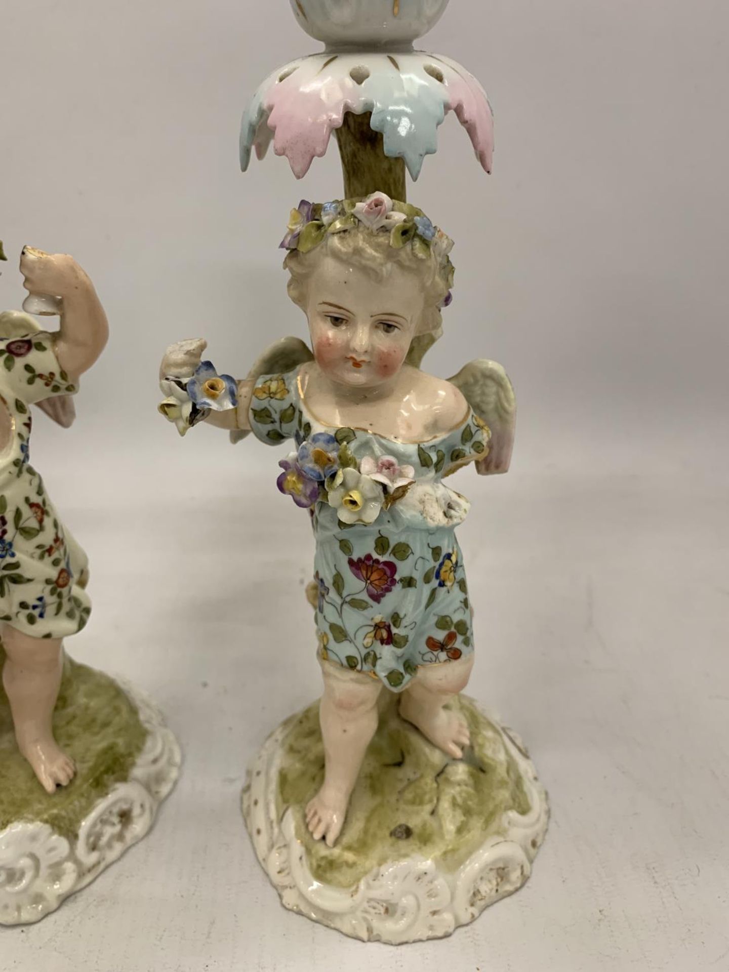 A PAIR OF 19TH CENTURY DRESDEN STYLE CONTINENTAL HARD PASTE PORCELAIN FIGURAL CANDLE HOLDERS WITH - Image 3 of 8