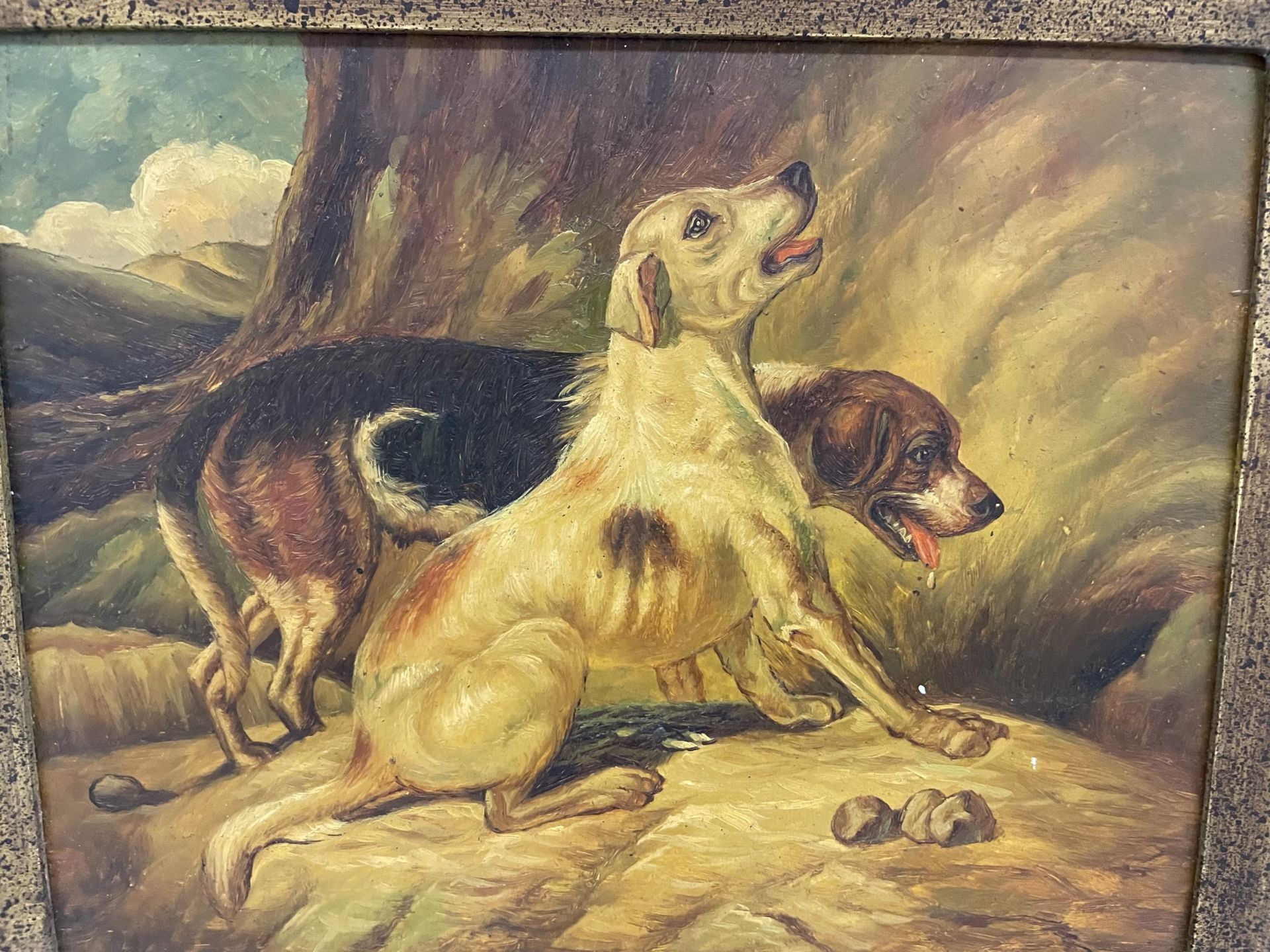 A VICTORIAN GILT FRAMED OIL ON METAL OF TWO HUNTING DOGS, FRAMED BY BIGGS & SONS - Image 3 of 6