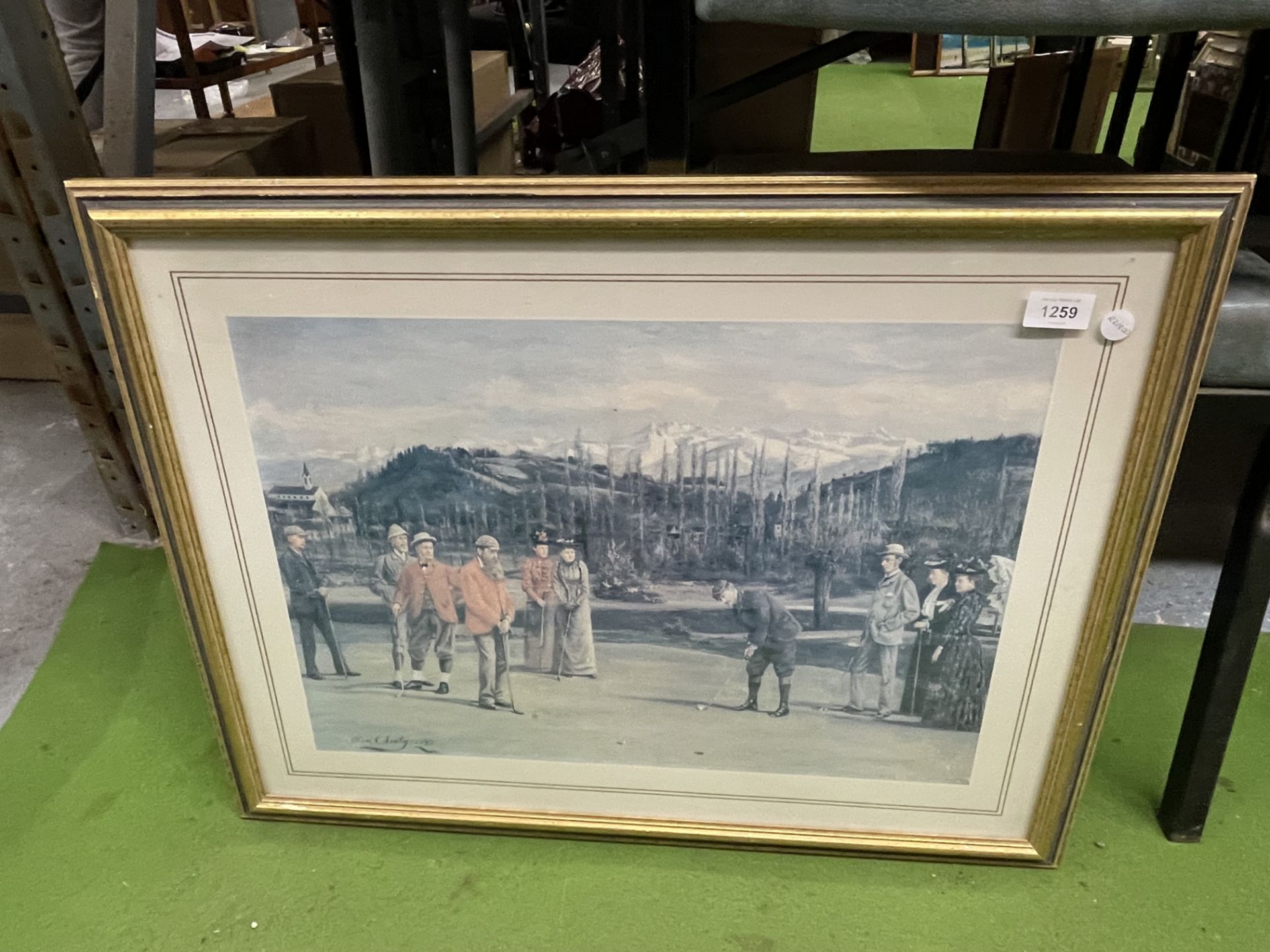 A LARGE GILT FRAMED ALLEN C SEALY GOLFING PRINT