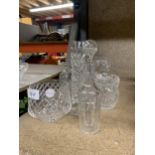 A QUANTITY OF GLASSWARE TO INCLUDE VINEGAR BOTTLE WITH STOPPER, BOWL, VASES, ETC.,