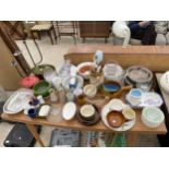AN ASSORTMENT OF CERAMICS AND GLASS WARE COOKING POTS, JUGS AND VASES ETC