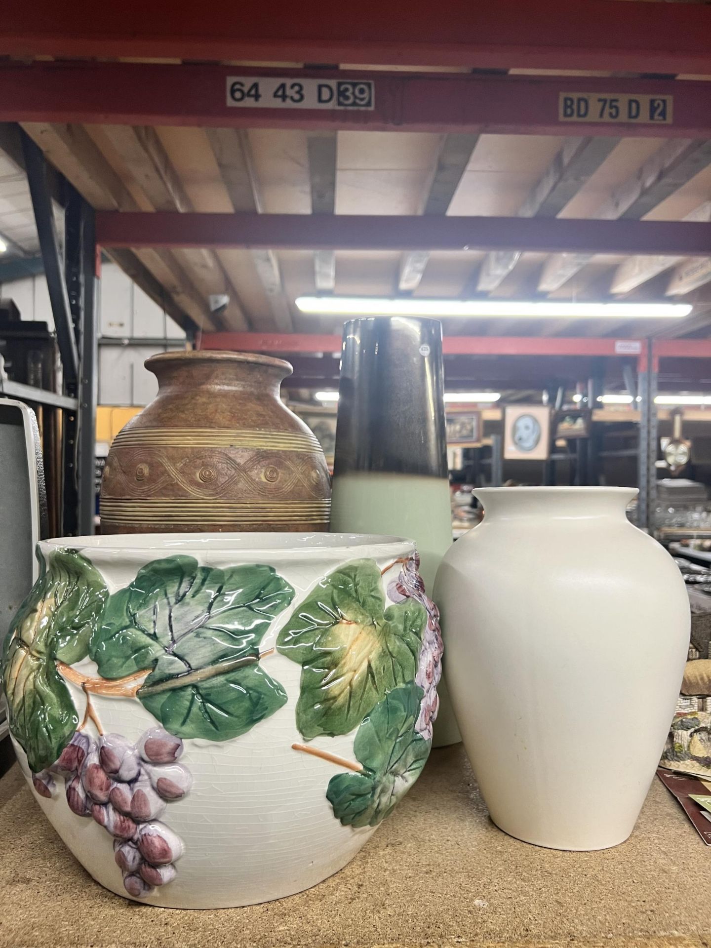 FOUR LARGE CERAMIC PIECES TO INCLUDE THREE VASES AND A PLANTER
