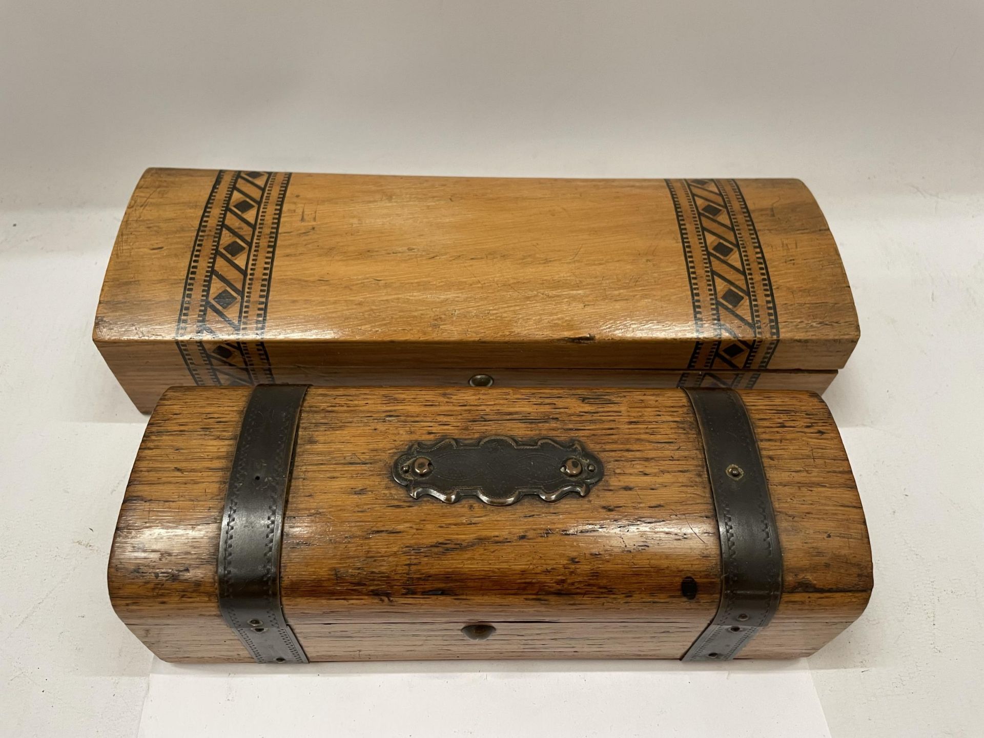 TWO VINTAGE WOODEN GLOVE BOXES - ONE INLAID AND ONE METAL BOUND