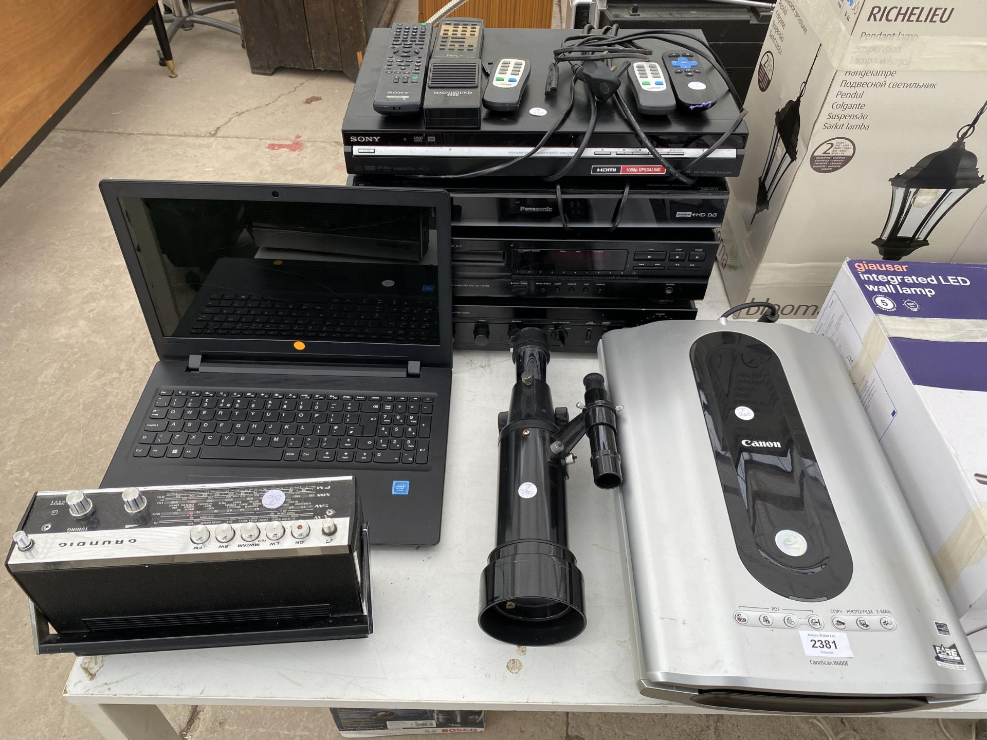 AN ASSORTMENT OF ITEMS TO INCLUDE A LENOVO LAPTOP, A GRUNDIG RADIO AND DENON STEREO ITEMS ETC