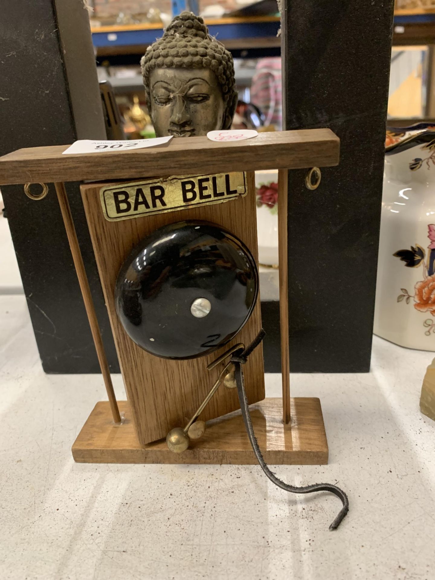 TWO ITEMS - BAR BELL AND BUDDHAS HEAD IN STAND - Image 2 of 3