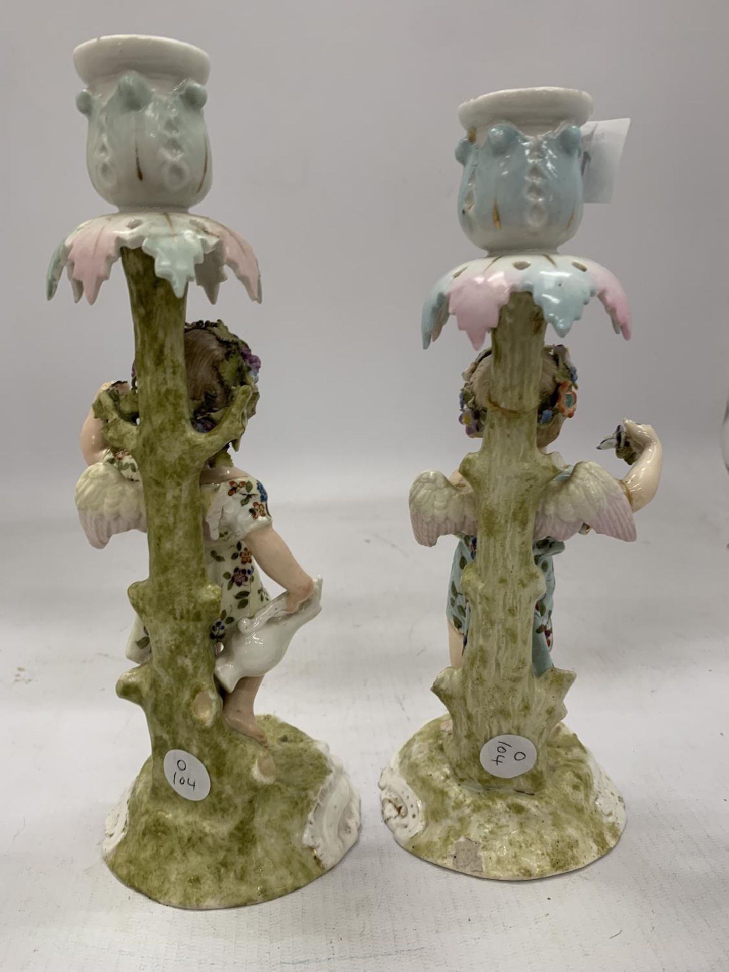 A PAIR OF 19TH CENTURY DRESDEN STYLE CONTINENTAL HARD PASTE PORCELAIN FIGURAL CANDLE HOLDERS WITH - Image 7 of 8