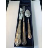 THREE HALLMARKED SILVER HANDLED ITEMS TO INCLUDE A KNIFE, FORK AND SPOON IN A PRESENTATION BOX