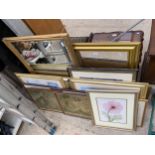 AN ASSORTMENT OF FRAMED PICTURES, PRINTS AND MIRRORS ETC