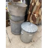 FOUR METAL DUSTBINS ONE COMPLETE WITH LID