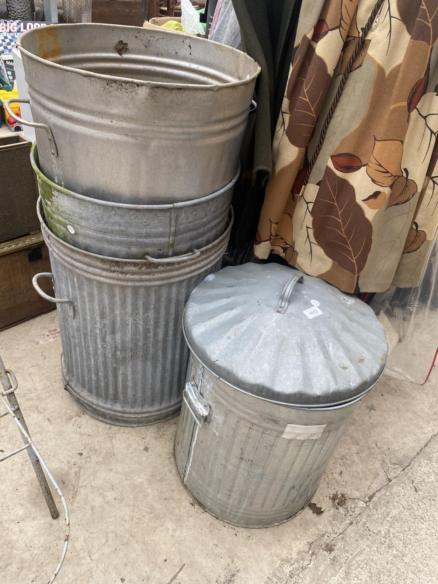 FOUR METAL DUSTBINS ONE COMPLETE WITH LID