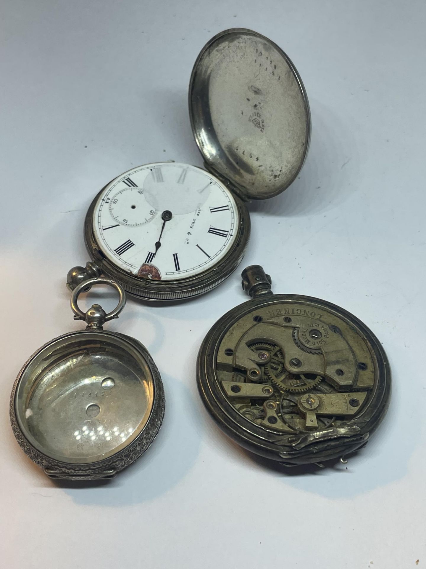 A GROUP OF STERLING SILVER POCKET WATCHES, LONGINES 1878, FINE SILVER & .925 CASE